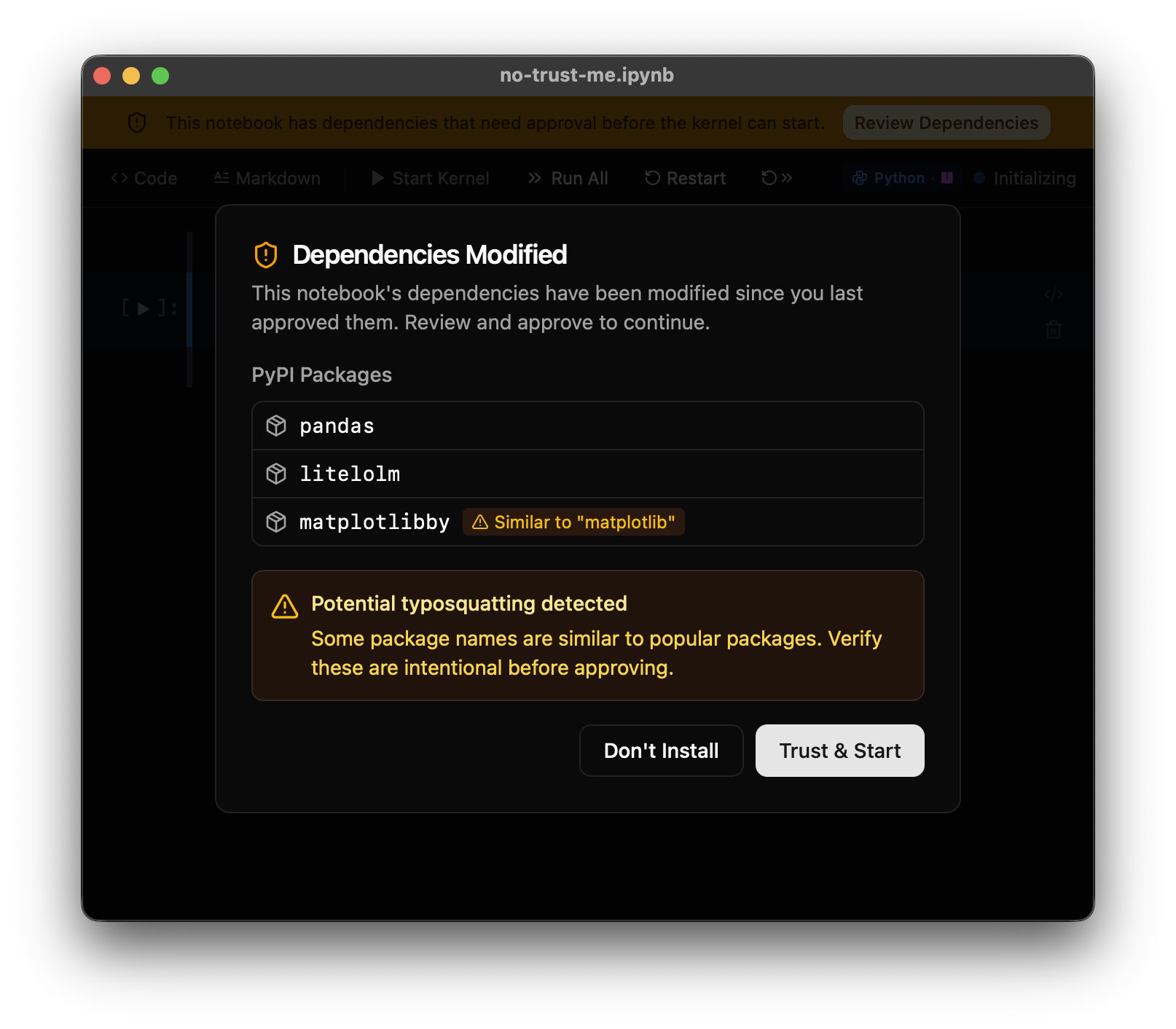 nteract trust prompt for notebook dependencies